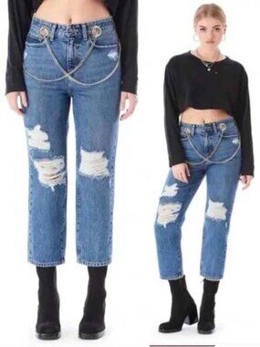 Carmar Womens HERMIA GIANNA CROSSOVER Silver CHAIN Blue Denim JEAN Pants 34 NWT